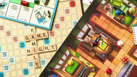 A collage of board games including Monopoly, Scrabble, and Clue; spelled out words: "FAMILY GAME NIGHT".