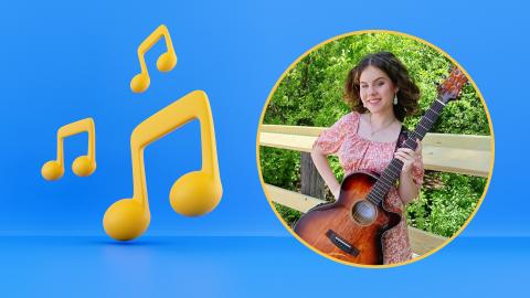 Woman holding a guitar and smiling, with musical notes beside her on a blue background.