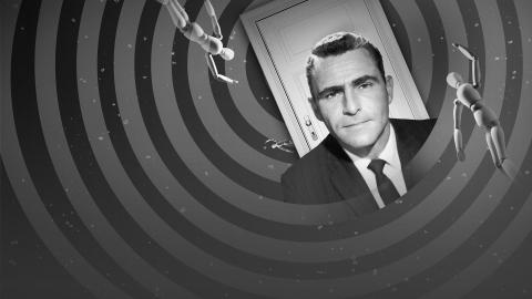 A man in a suit against a spiraling black and white background with abstract figures.