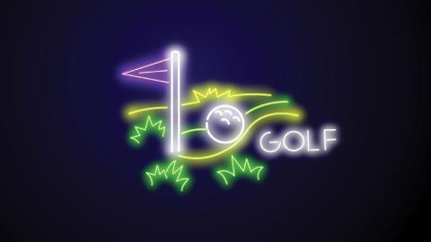 Neon art of a golf ball, flag, and the word "GOLF" in white, surrounded by colorful grass and lines.