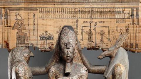 Ancient Egyptian statue with deities, set against a papyrus backdrop featuring hieroglyphs and figures.