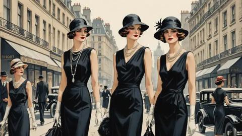 Vintage illustration of women in black dresses and hats walking on a bustling Parisian street in the 1920s.