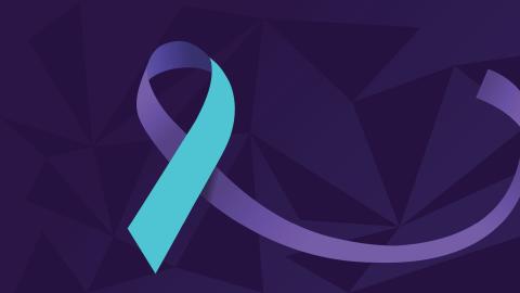 A turquoise and purple awareness ribbon on a dark, geometric-patterned background.