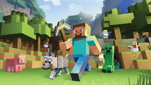 Minecraft character runs with a wolf holding a pickaxe, followed by a pig, chickens, a creeper, and an enderman in a forest.