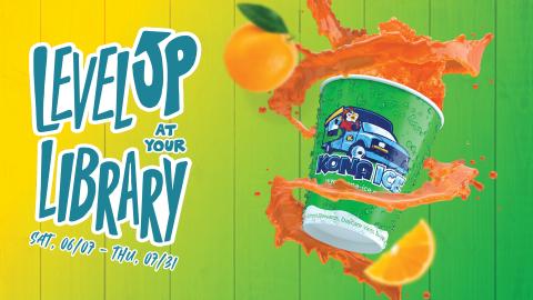 A green Kona Ice cup with orange slush splashing out, surrounded by an orange and orange slice, on a vibrant background.