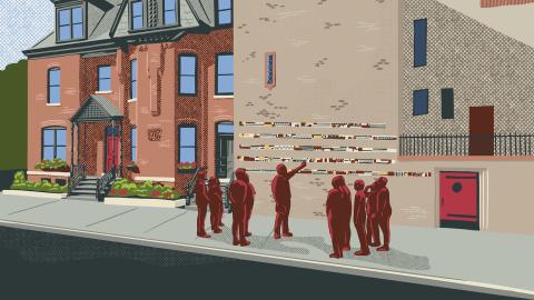Illustration of people viewing an outdoor exhibit on a brick wall beside a historic-style building.