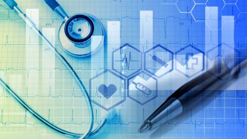 Stethoscope, pen, and medical icons overlaying an ECG graph, symbolizing healthcare and technology.