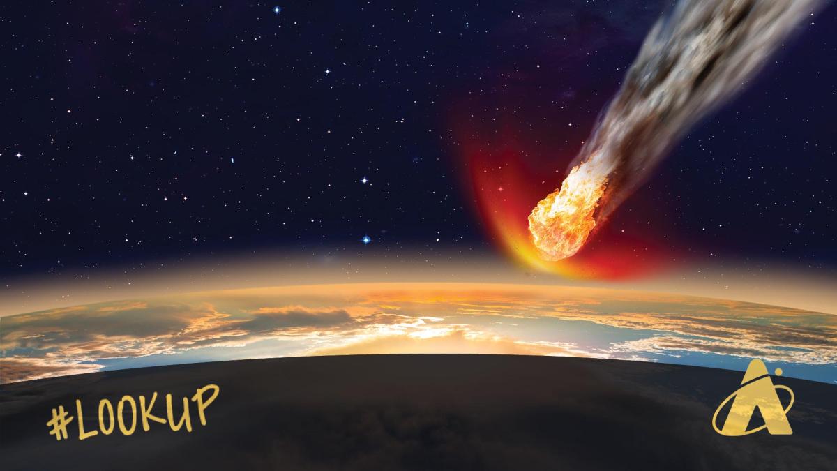 A fiery meteor streaks through space toward Earth, with a bright glow and cloudy atmosphere below.