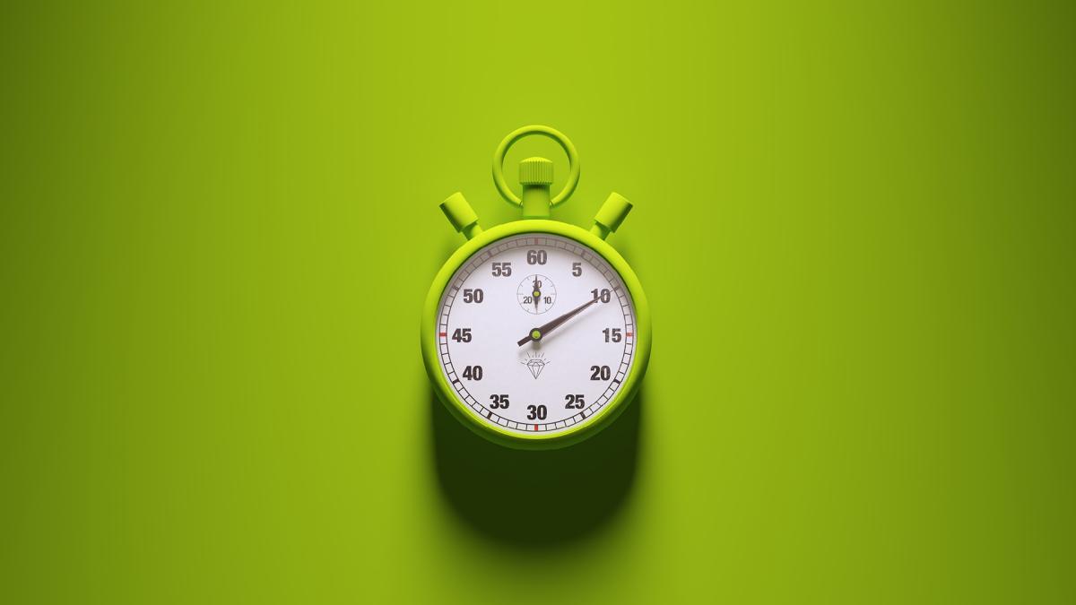 A green stopwatch showing 60 seconds on a green background, casting a shadow below.