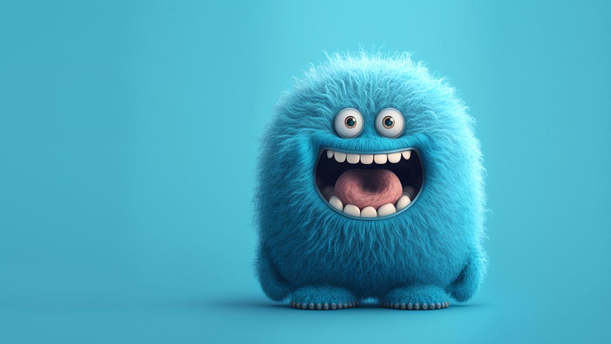 A fluffy blue monster with a huge smile and wide eyes stands against a solid blue background.